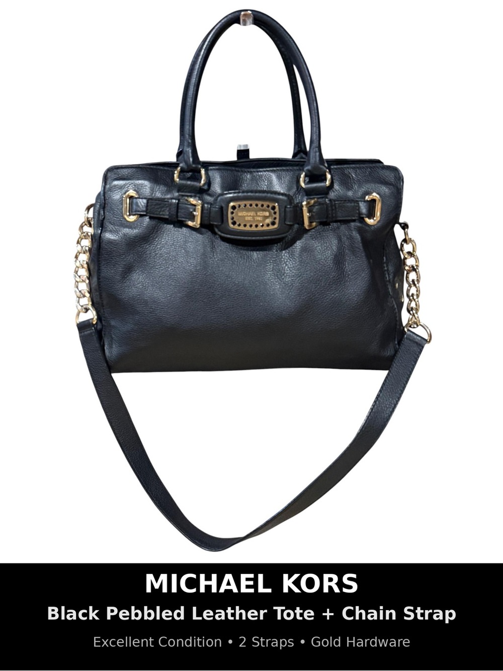 Michael Kors Black Leather Tote Gold Chain Crossbody Hamilton Satchel Bag